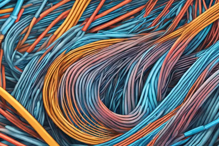 Engrenagens de prata e cabos de fibra óptica representando a integração de sistemas para eficiência empresarial.